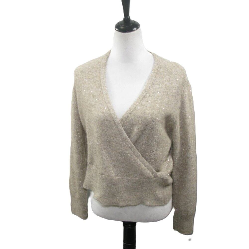 CeCe Beige Sparkle Secured Wrap Front Sweater Size Large